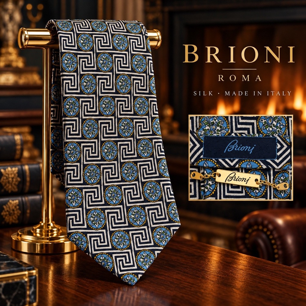 Brioni Roma Silk Tie Navy Blue Greek Key Floral Medallion Geometric Italy